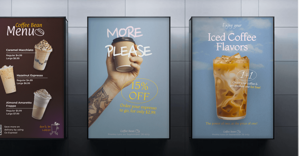 Three digital screens promoting coffee drinks and discounts at a café
