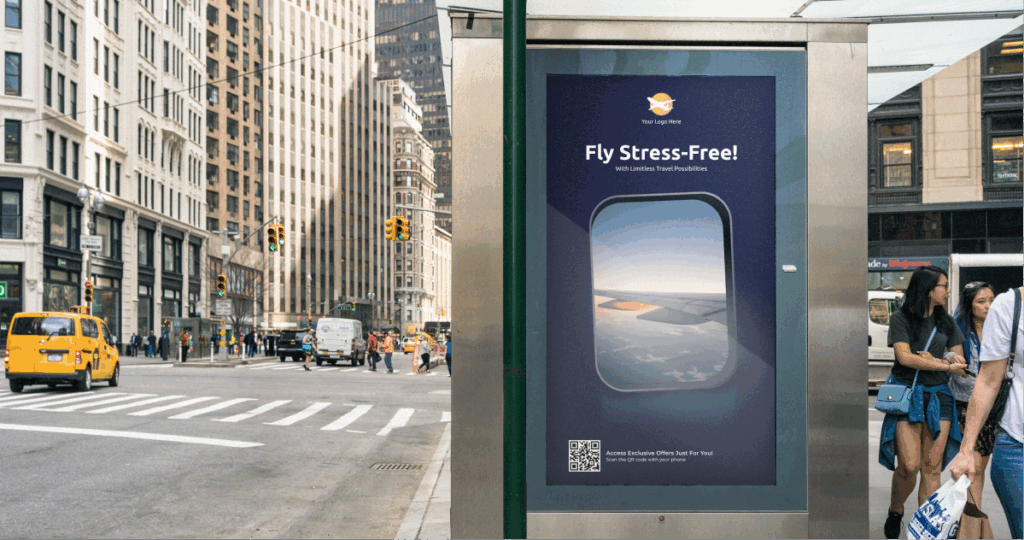 Bus stop ad showing an airplane window and the text "Fly Stress-Free! With Limitless Travel Possibilities."