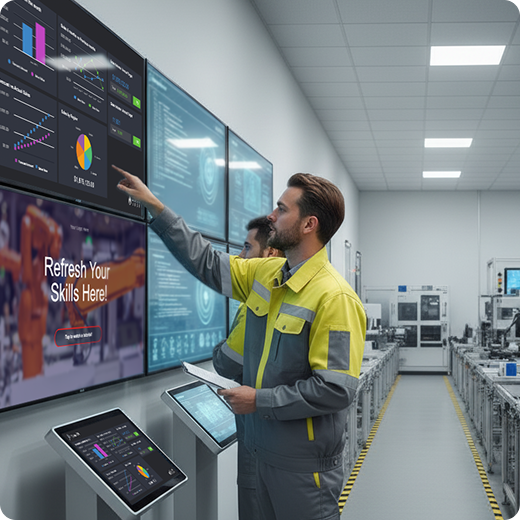 Industrial workers interacting with Yodeck digital signage