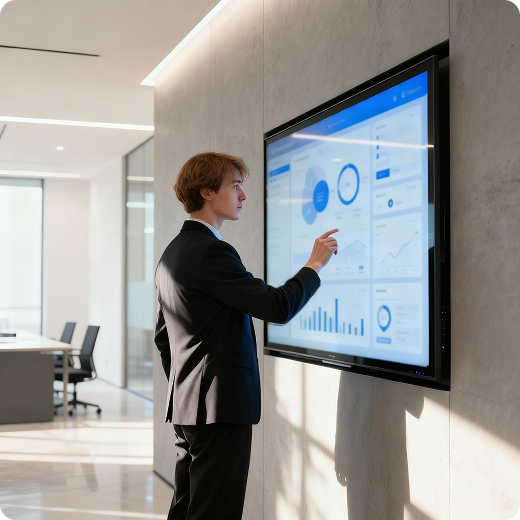 Businessman interacting with digital signage dashboard, Yodeck